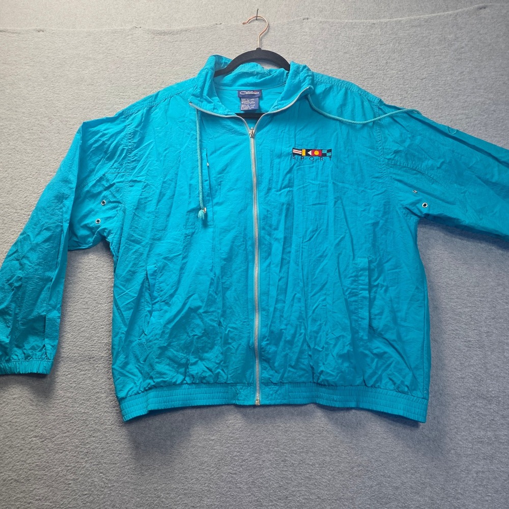 Full Zip Windbreaker Womens Large Teal SPORT Retro Nylon Jacket Vintage Catalina